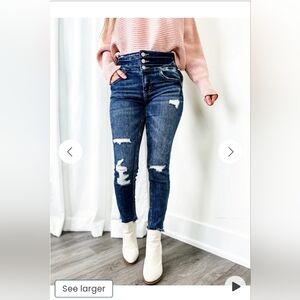 Vervet Dark Wash Cropped Distressed Triple Button Jean